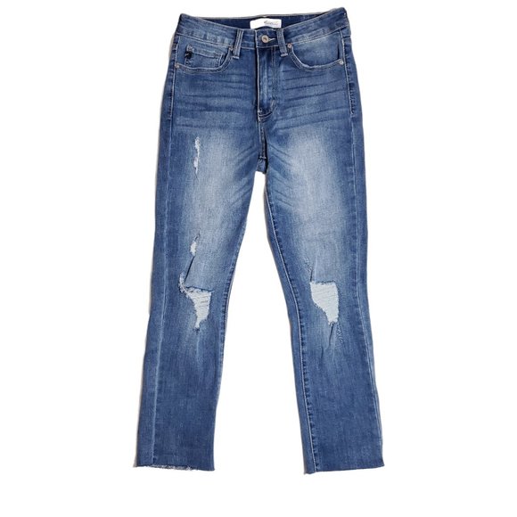 KanCan Denim - KanCan Capri Jeans Stretch Distressed Raw Hem Size 26 Light Wash Blue Denim